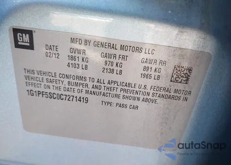 2012 Chevrolet Cruze 1Lt from USA, damaged, VIN 1G1PF5SC0C7271419